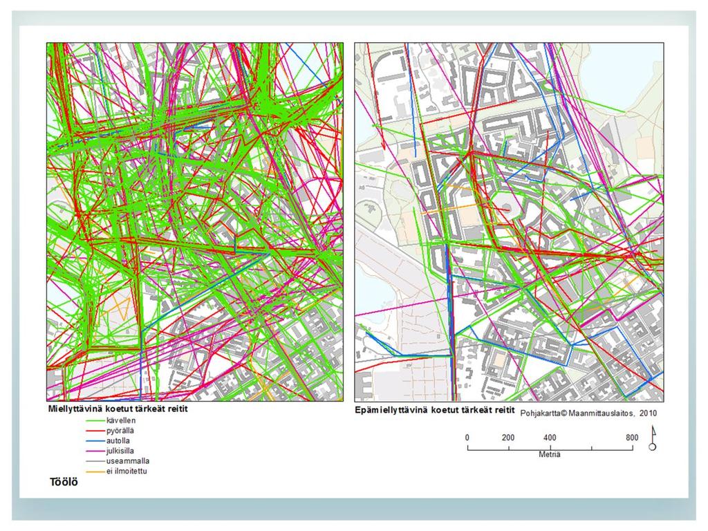 Tärkeiksi koetut reitit Töölössä Yllä olevista kartoista vasemmanpuoleisessa on kuvattu ne reitit kulkutavoittain, jotka vastaajat kokevat miellyttävinä ja