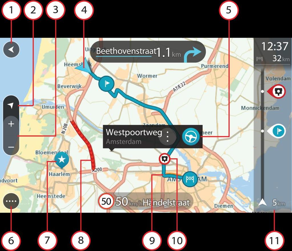 Näytössä näkyvät tiedot Karttanäkymä Karttanäkymä näkyy silloin, kun reittiä ei ole suunniteltu. Nykyinen sijaintisi tulee näkyviin heti, kun VIA löytää GPS-sijaintisi.