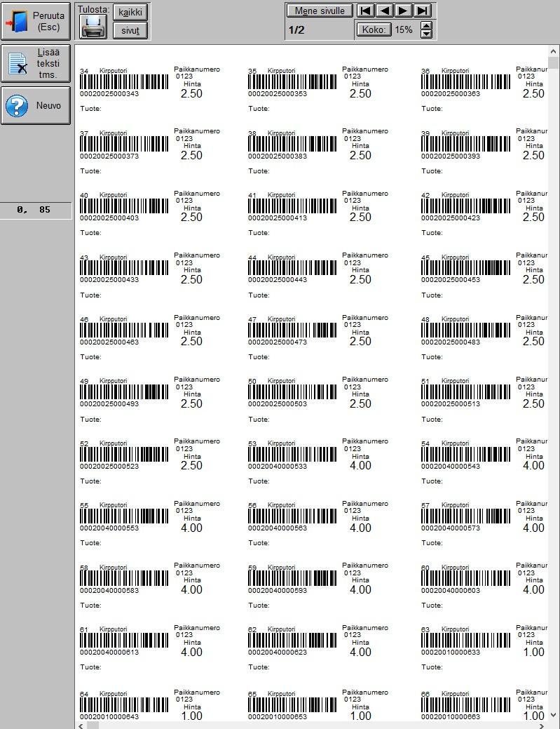 Tulosta hintalaput painikkeella Tulosta tarrat sen
