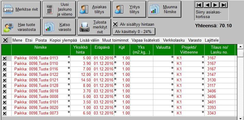 rivit ja ohjelma Merkitse kaikki rivit x:lla