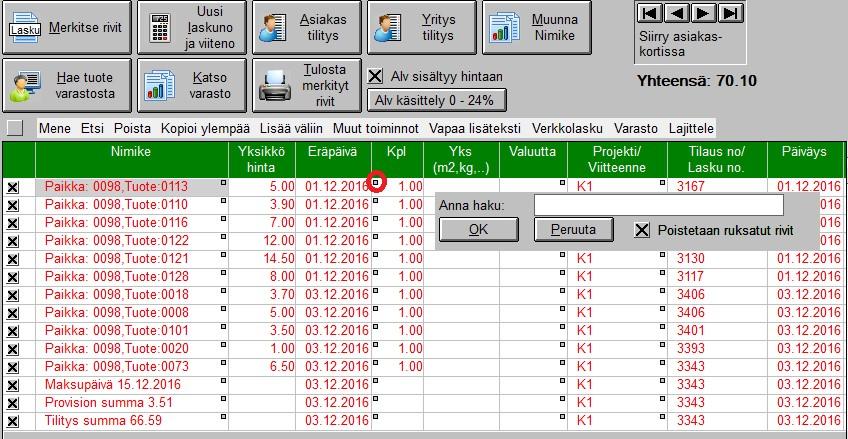 rivit Valitse Kpl kentästä pieni piste klikkaa