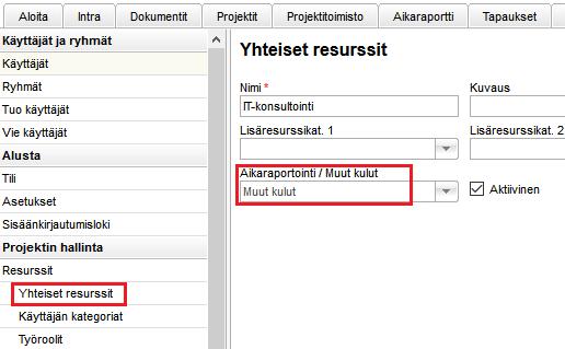 Muut kulut määritetään Asetukset-moduulissa, kohdassa Yhteiset resurssit. Vähintään yksi Muut kulut -resurssi on luotava Asetukset-moduulissa, jotta toimintoa voi käyttää.