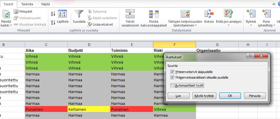 asetusikkunan kohdasta Yhteenvetorivit alapuolella. Asetuksen tarkka sijainti riippuu käytettävästä Excel-versiosta.