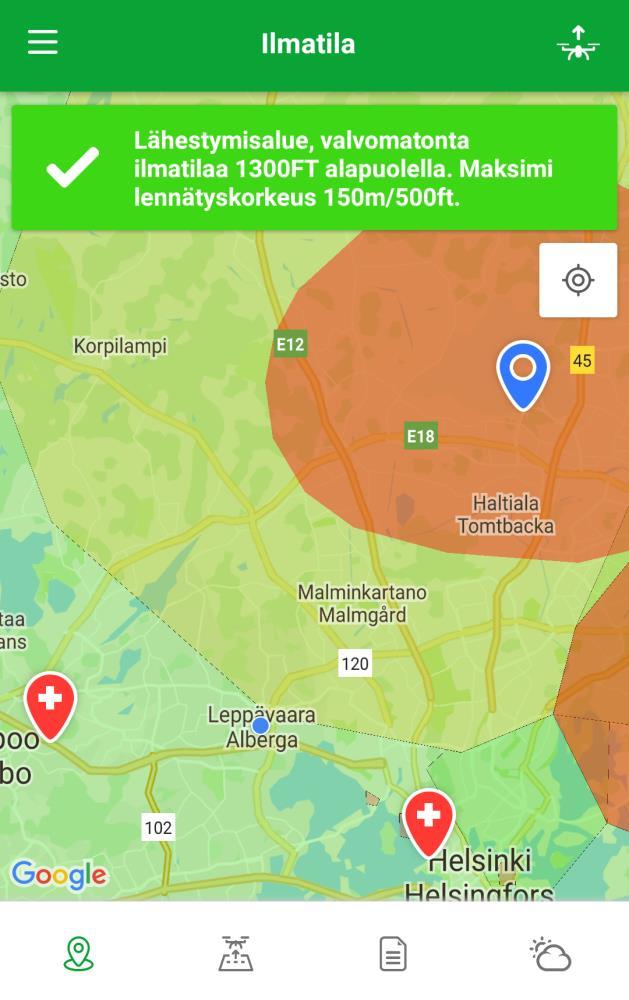 7 Kuva 1. Droneinfo-sovellus näyttää käyttäjän sijainnin perusteella alueella vallitsevan lentokorkeusrajoituksen lisäksi esimerkiksi lähistöllä olevat sairaalat ja lentoasemat.