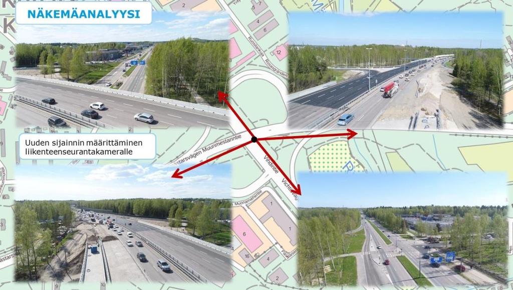 12 Kuva 6. Esimerkki miehittämättömän ilma-aluksen käytöstä näkemäanalyysissä, jossa määritettiin uusi sijainti liikenteenseurantakameralle. (Ramboll Finland Oy, 2017)