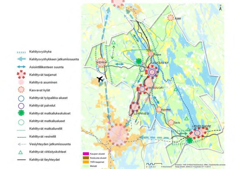 Kuv2: Laukaan kuntastrategian mukainen viuhkamalli. Suunnittelualue kuluu Keski-Laukaan yleiskaavan pohjoisosan alueeseen, joka on hallinnollisesti jaettu kolmeen osa-alueeseen.