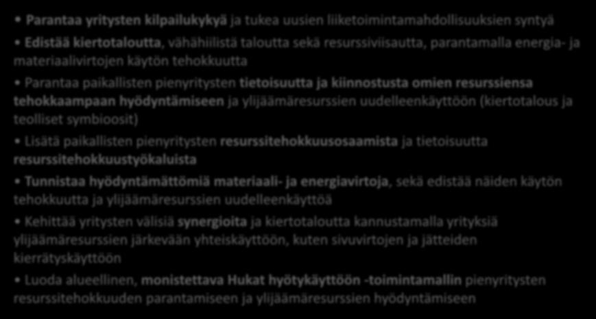 Hankkeen tavoite Parantaa yritysten kilpailukykyä ja tukea uusien liiketoimintamahdollisuuksien syntyä Edistää kiertotaloutta, vähähiilistä taloutta sekä resurssiviisautta, parantamalla energia- ja