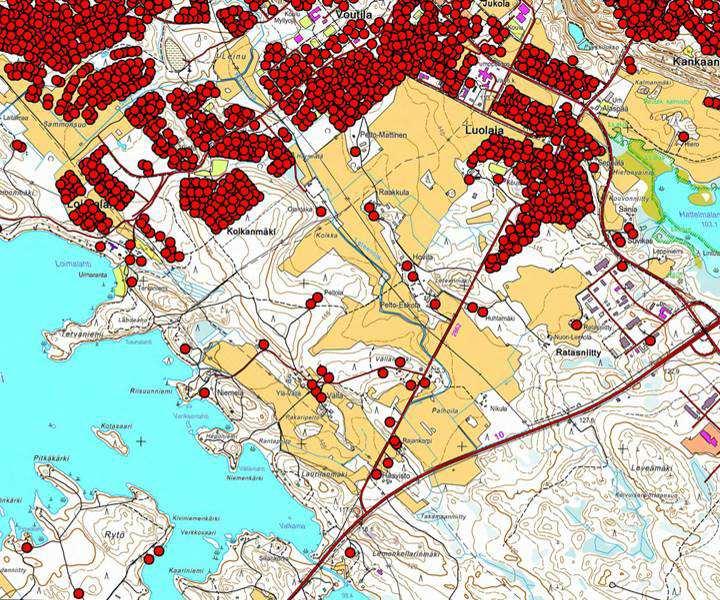 Kuva 47. Olemassa olevat vakituiset asuinpaikat. Voutilan, Luolajan ja Vällän alueella asuu noin 72 