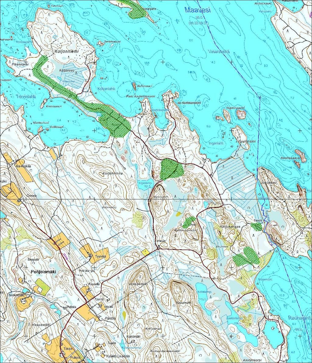 Karttakuva 6. Tarkastetut alueet merkitty karttaan vihreällä rasterilla. Pohjakartta Maanmittauslaitos 10/2013.