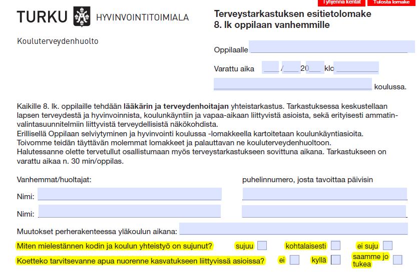 Kasiluokan yhteenvetolomakkeeseen tulevat asiat vanhempien