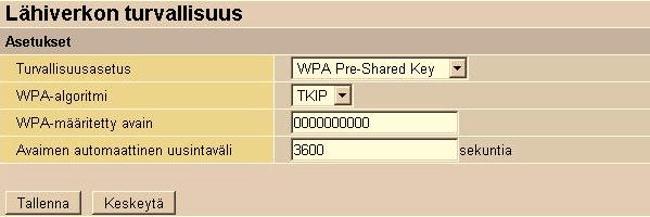 WPA1- ja WPA2-SALAUS: WPA2 tai WPA ovat salauksena parempia kuin WEP, mutta ne pitää olla tuettuna myös työaseman WLAN-sovittimella. WPA2/AES on salauksena parempi kuin WPA/TKIP.