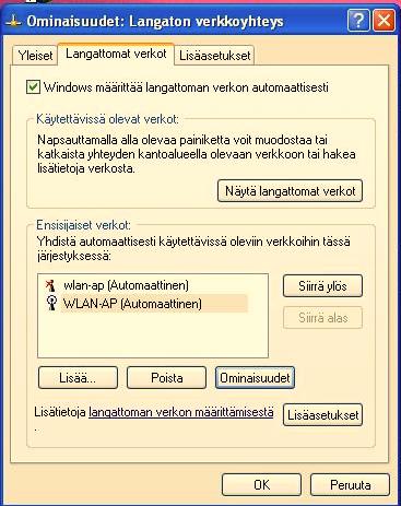 -> Avautuvassa ikkunassa valitaan Langattomat verkot välilehti.