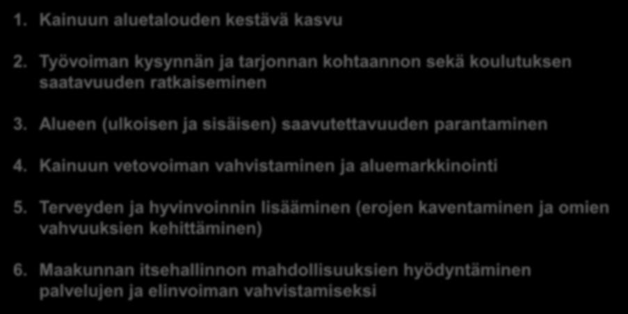 Alueen (ulkoisen ja sisäisen) saavutettavuuden parantaminen 4. Kainuun vetovoiman vahvistaminen ja aluemarkkinointi 5.