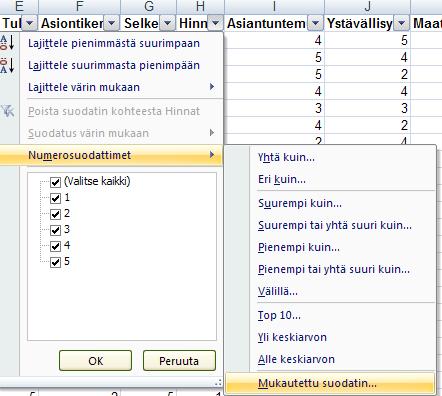 41 Klikkaa ok. Nyt taulukossa näkyvät vain ne rivit, joilla on tässä kohdassa 1 tai 2.