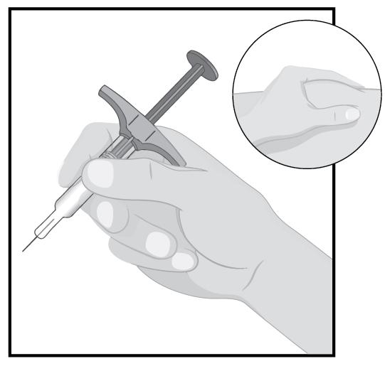 KOHTA 6 Pitele esitäytettyä ruiskua yhdellä kädellä peukalon ja muiden sormien välissä kuten pitelisit kynää.