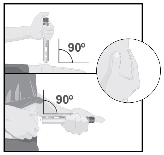 KOHTA 6 Purista ihoa pistoskohdasta toisella kädelläsi niin, että se nousee poimulle, ja pidä tiukasti kiinni. Osoita valkoinen nuoli kohti pistoskohtaa (reisi tai vatsa).