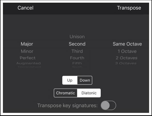 e) Transponointimäärittelyissä valitaan: Major Second Same Octave sekä Up, mutta Diatonic f) toteutetaan toiminto näpäyttämällä sanaa "Transpose" g) sitten voimmekin taas valita apuvalikosta "Copy",