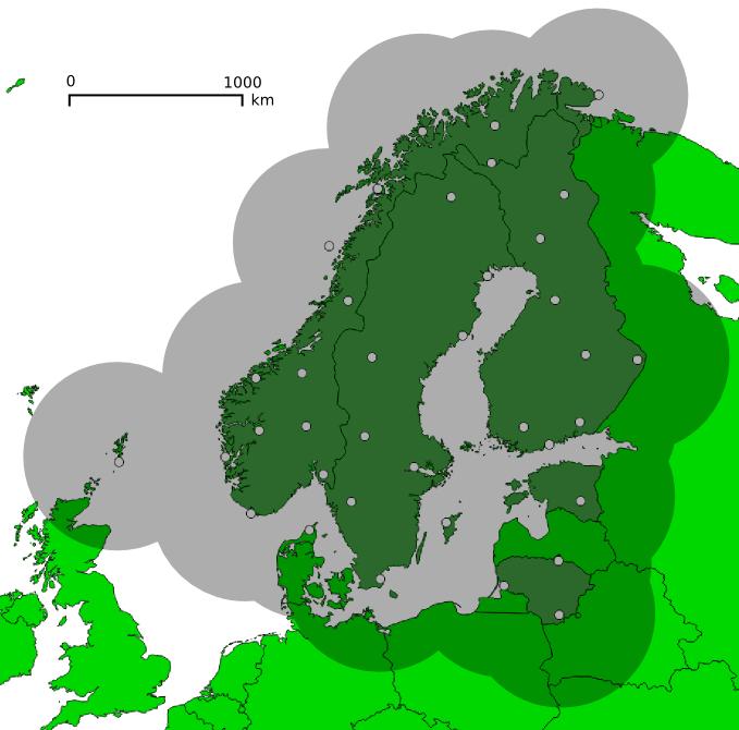 Kuva 13. NORDLIS-salamanpaikannusverkon anturit ja niiden kattama havaintoalue. Kaksi anturia on jäsenmaiden rajojen ulkopuolella. (Ilmatieteen laitos).