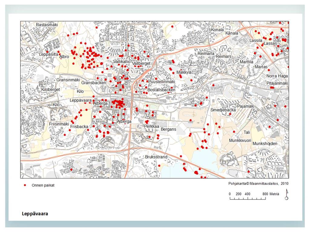 Leppävaaralaisten paikantamat onnen paikat Leppävaaralaisten kartalle pehmogis-menetelmällä paikantamat onnen paikat näkyvät oheisessa kartassa punaisella.