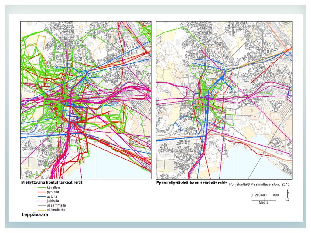 Tärkeiksi koetut reitit Leppävaarassa Yllä olevista kartoista vasemmanpuoleisessa on kuvattu ne reitit kulkutavoittain, jotka vastaajat kokevat miellyttävinä ja oikeanpuoleisessa kartassa puolestaan