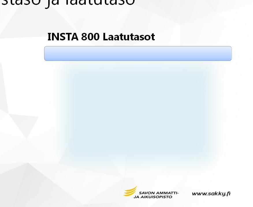 Puhtaustaso ja laatutaso Esimerkki sosiaali- ja terveysalanlaitoksesta A 1 = SAIRAALAHYGIEENINEN päivittäin A 2 = PUHDAS päivittäin C1 - C3 = TOIMIVA viikoittain D = TARPEENMUKAINEN kuukausittain E =