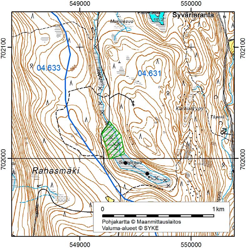 Kuva 49. Tutkimuspisteiden ja syvyyspisteiden sijainti Sirppisuolla. Valuma-alueiden raja on merkitty sinisellä viivalla ja valuma-alueet sinisillä numeroilla.