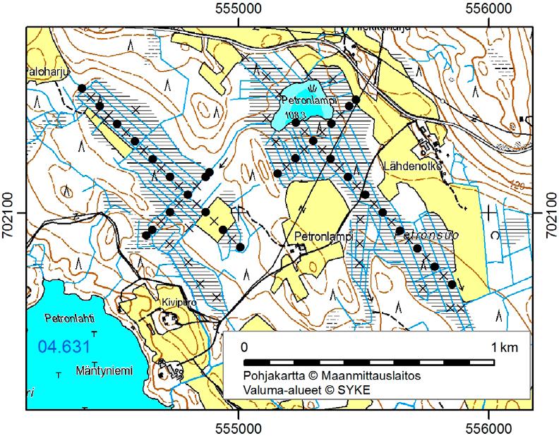 47. Petronsuo Petronsuo (x = 7020,8, y = 5556,6) sijaitsee 13 km linnuntietä Nilsiän keskustasta pohjoiseen. Suon ympäristö on pääosin hienoainesmoreenia.