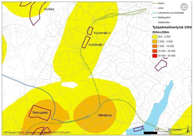 Kurkimäki Kurkimäen työpaikka-alue sijaitsee metron varrella väljässä työpaikkakeskittymässä (työpaikkatiheys 650-2 000). Lähimmät suuremmat työpaikkakeskittymät ovat Itäkeskus ja Roihupelto.