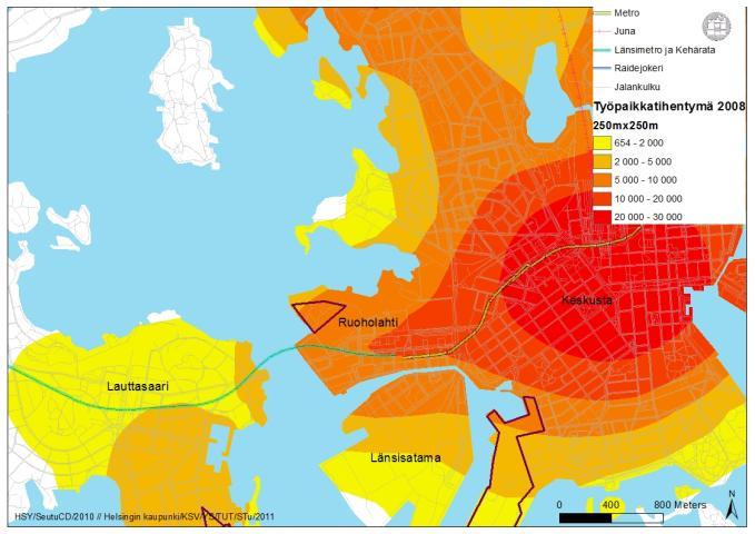 Ruoholahti = Salmisaari Ruoholahden työpaikka-alue on metron varrella ja sijaitsee Helsingin keskustan työpaikkakeskittymän reunalla. Alue on osa melko tiheää työpaikkakeskittymää.