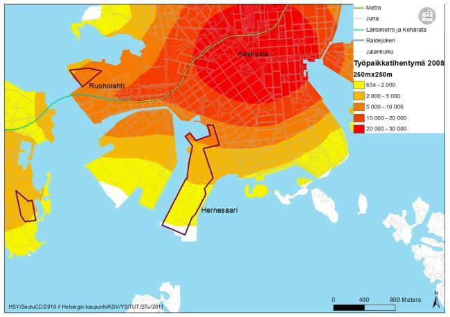 Hernesaari Hernesaari sijaitsee ydinkeskustan tuntumassa ja sijaitsee pääkaupunkiseudun suurimman työpaikkakeskittymän reunalla (työpaikkatihentymä 650-5 000).