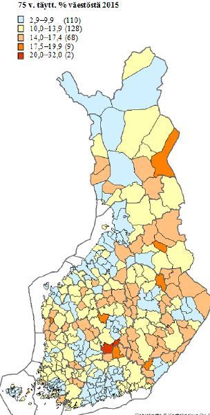 75-v täyttäneiden osuus v. 2015 ja v.