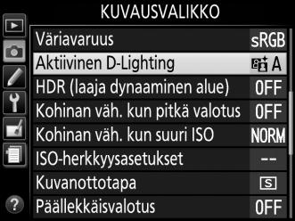 D Aktiivinen D-Lighting Kohinaa (satunnaisia kirkkaita kuvapisteitä, utua tai viivoja) saattaa esiintyä valokuvissa, jotka on otettu käyttäen Aktiivinen D-Lighting -toimintoa.