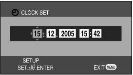 Päiväys ja kellonaika [CLOCK SET] Jos näytössä on väärä päiväys/kellonaika, korjaa se. Valitse toimintatilaksi videokuvaus tai valokuvaus. 1) Paina MENU. Valitse BASIC >> CLOCK SET >> YES.
