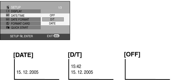 Valitse ohjauspainikkeella haluamasi näyttötyyli: Y/M/D Vuosi, kuukausi, päivä 15:42 2005.12.15 Päivämäärätietueen sisältö [DATE/TIME] 1) Paina MENU. Valitse SETUP >> DATE/TIME.
