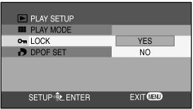 Tiedostojen suojaus [PLAY SETUP > LOCK] Suojaus estää tiedoston poistamisen roskakori-kuvakkeen kautta, mutta muistikortin alustus (formatointi) hävittää lopullisesti myös suojatut tiedostot.