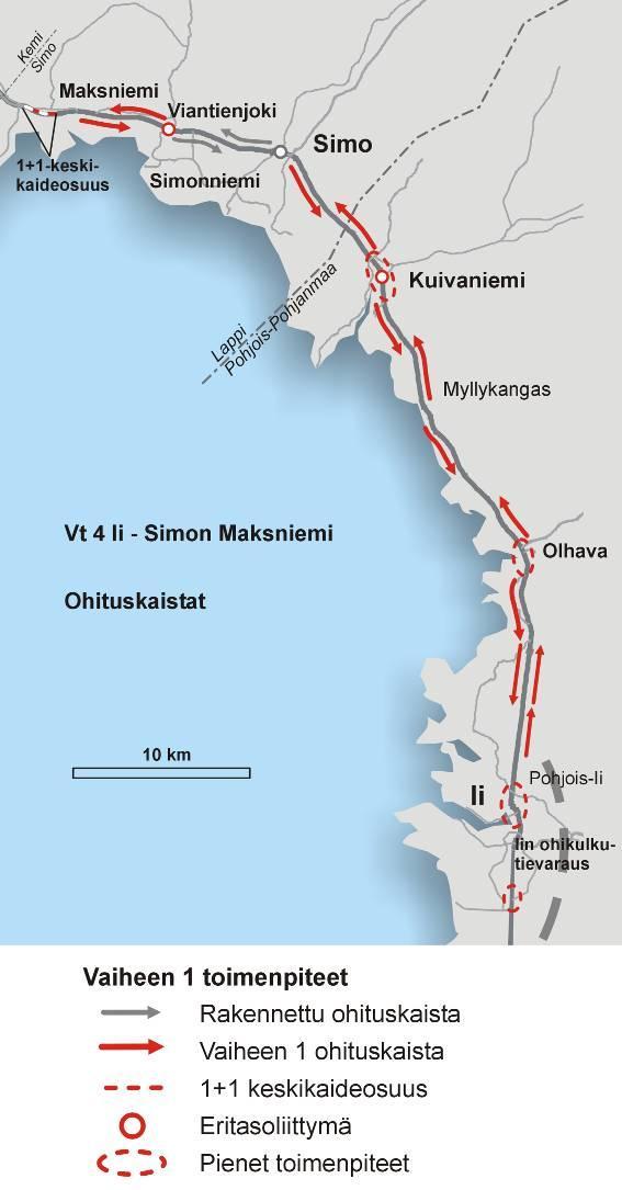 Vt 4 Kemi-Oulu Tavoitetila Kemi-Oulu: Keskikaiteellinen jatkuva ohituskaistatie, 100 km/h,