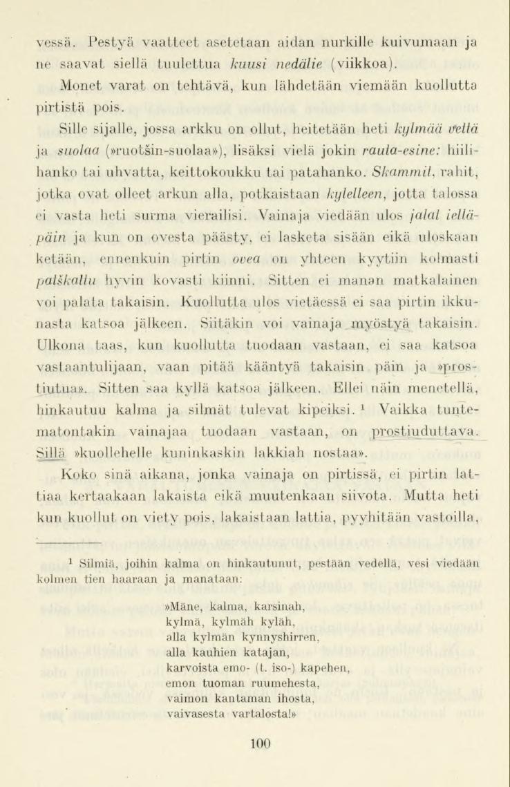 vessa. Pestyä vaatteet asetetaan aidan nurkille kuivumaan ja ne saavat siellä tuulettua kuusi nedälie (viikkoa). Monet varat on tehtävä, kun lähdetään viemään kuollutta pirtistä pois.