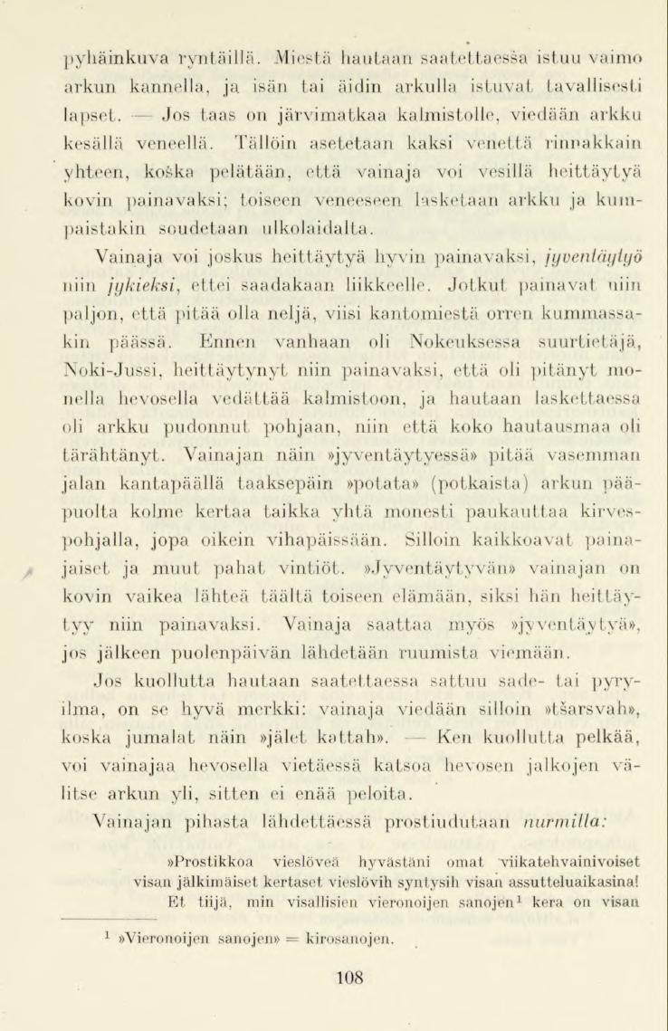 pyhäinkuva ryntäillä. Miestä hautaan saatettaessaistuu vaimo arkun kannella, ja isän tai äidin arkulla istuvat tavallisesti lapset.