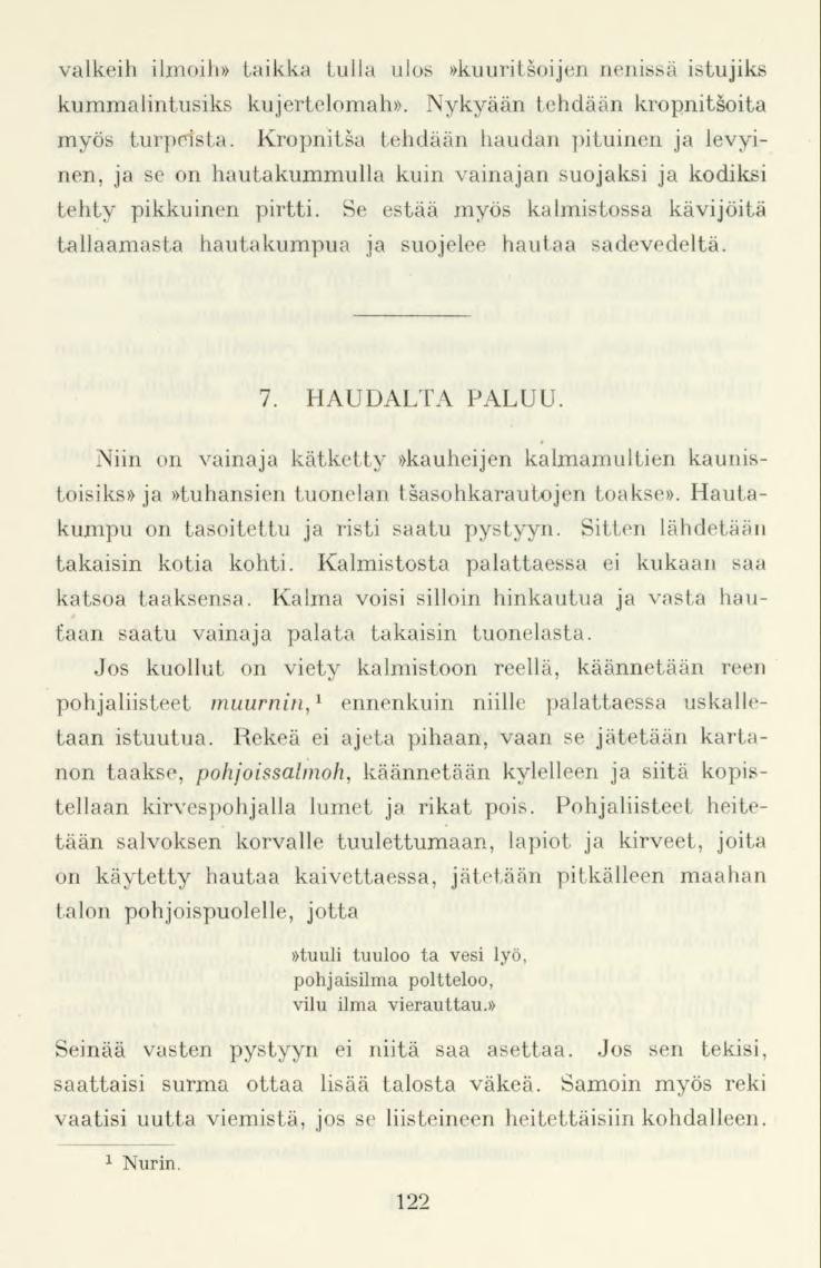 valkeih ilmoih» taikka tulla ulos»kuuritsoijen nenissä istujiks kummalintusiks kujertelomah». Nykyään tehdään kropnitsoita myös turpeista.