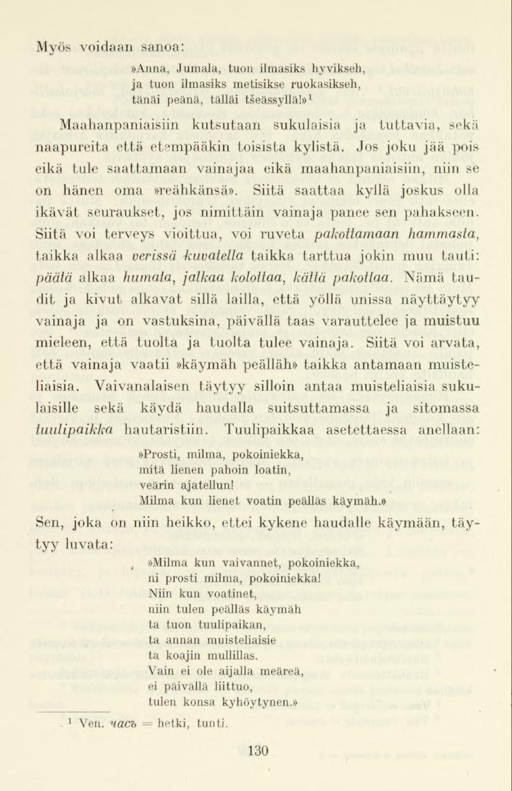 Myös voidaan sanoa:»anna, Jumala, tuon ilmasiks hyvikseh, ja tuon ilmasiks metisikse ruokasikseh, tänäi peänä, tälläi tseässyllä!