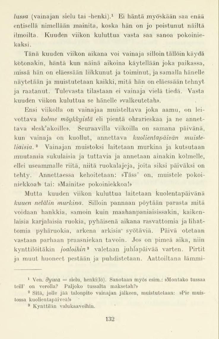 lussa (vainajan sielu tai -henki). 1 Ei häntä myöskäänsaa enää entisellä niinellään mainita, koska hän on jo poistunut näiltä ilmoilta. Kuuden viikon kuluttua vasta saa sanoa pokoiniekaksi.