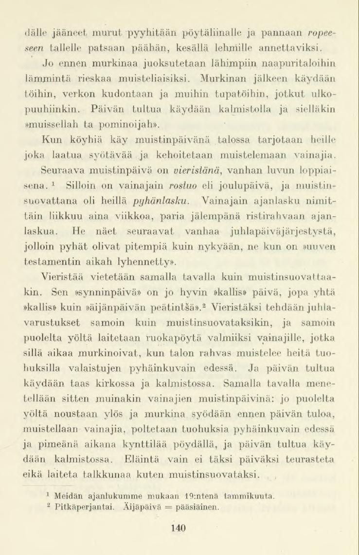 »lälle jääneet murut pyyhitään pöytäliinalle ja pannaan ropeeseen tallelle patsaan päähän, kesällä lehmille annettaviksi.