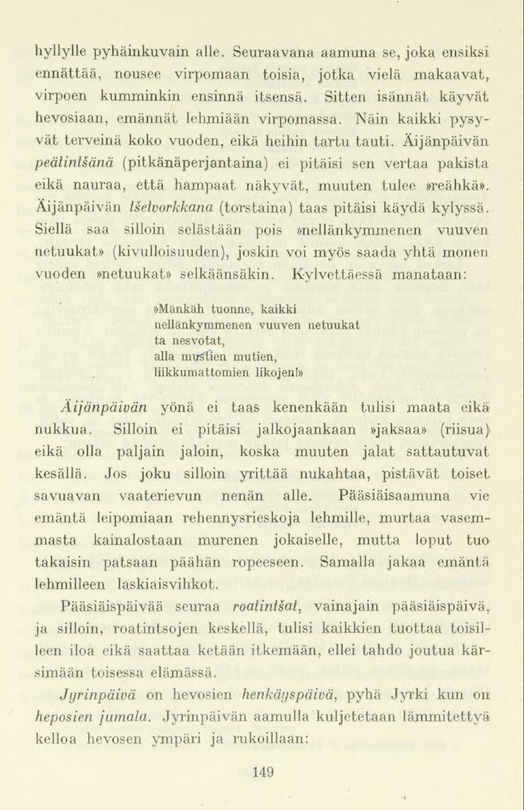 hyllylle pyhäinkuvain alle. Seuraavana aamuna se, joka ensiksi ennättää, nousee virpomaan toisia, jotka vielä makaavat, virpoen kumminkin ensinnä itsensä.