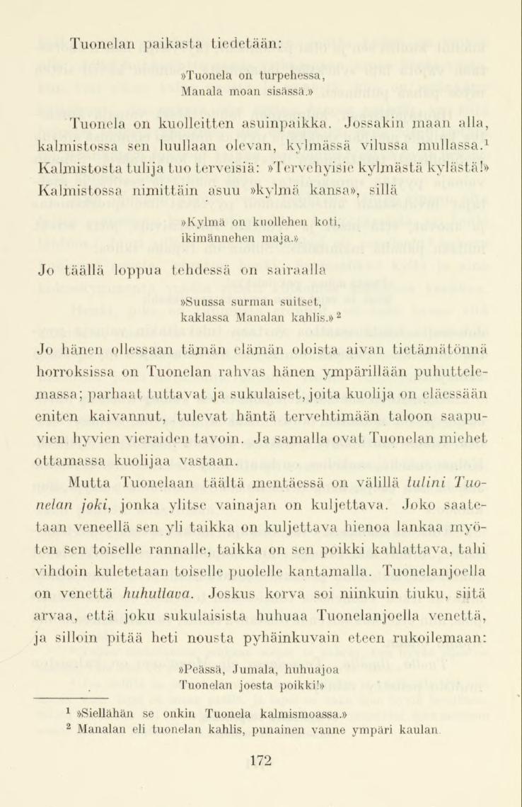 Tuonelan paikasta tiedetään:»tuonela on turpehessa, Manala moan sisässä.» Tuonela on kuolleitten asuinpaikka. Jossakin maan alla, kalmistossa sen luullaan olevan, kylmässä vilussa mullassa.