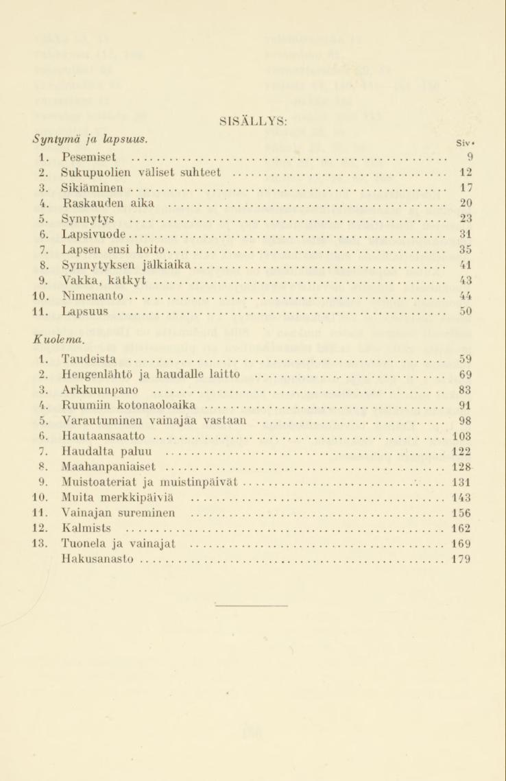 SISÄLLYS: Syntymä ja lapsuus. Siv. 1. Pesemiset 9 2. Sukupuolien väliset suhteet 12 3. Sikiäminen 17 4. Raskauden aika 20 5. Synnytys 23 6. Lapsivuode 31 7. Lapsen ensi hoito 35 8.