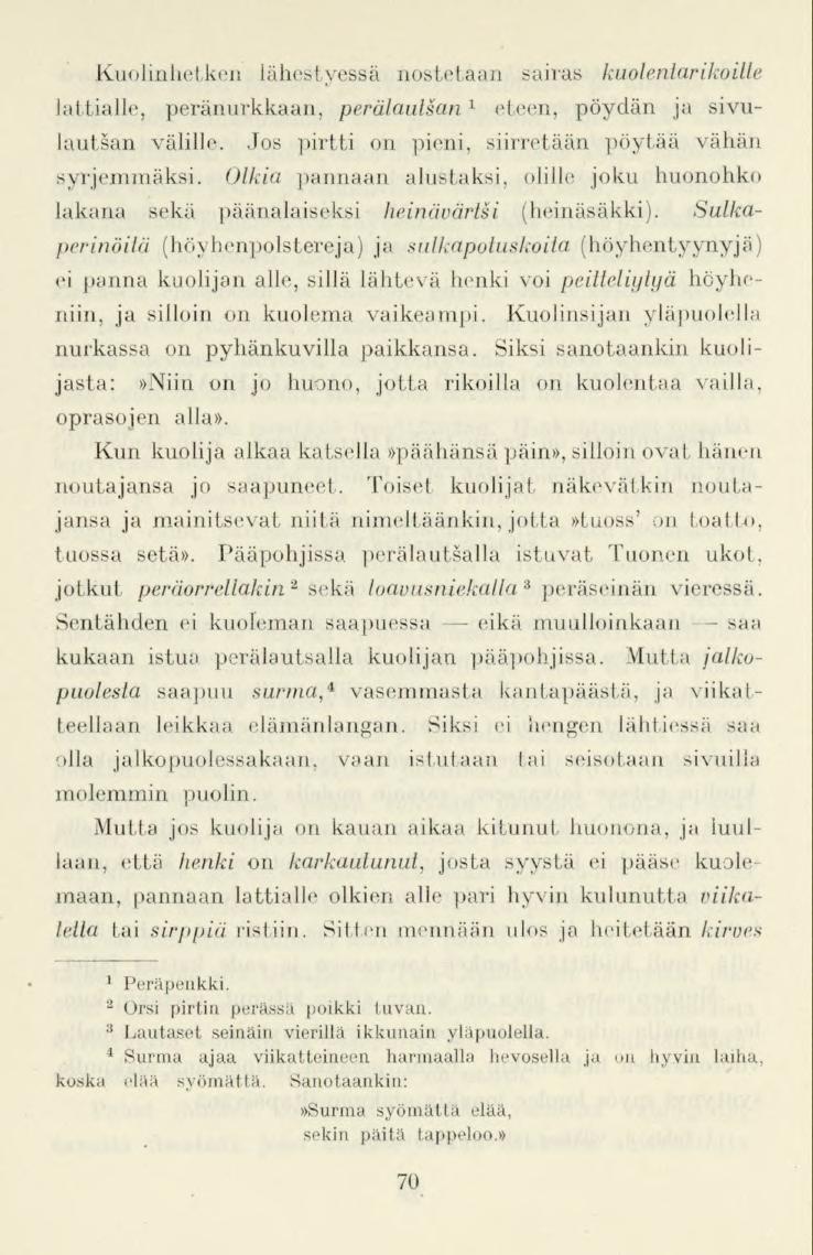 Kuolinhetken lähestyessä nostetaan sairas kuolenlarikoille lattialle, peränurkkaan, perälaulsan l eteen, pöydän ja sivulautsan välille. Jos pirtti on pieni, siirretään pöytää vähän syrjemmäksi.