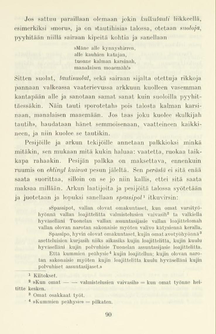 Jos sattuu paraillaan olemaan jokin kulkutauti liikkeellä, esimerkiksi»moru», ja on»tautihisia» talossa, otetaan suoloja, pyyhitään niillä sairaan kipeitä kohtia ja sanellaan»mäne alle kynnyshirren,