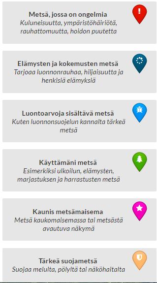 Karttavastaukset Kyselyn yhtenä osana vastaaja sai merkitä ilmakuvaan tärkeinä pitämiään metsiä sekä havaitsemiaan ongelmia (vaihtoehdot ohessa) Kuhunkin karttamerkintään saattoi lisätä tarkentavaa