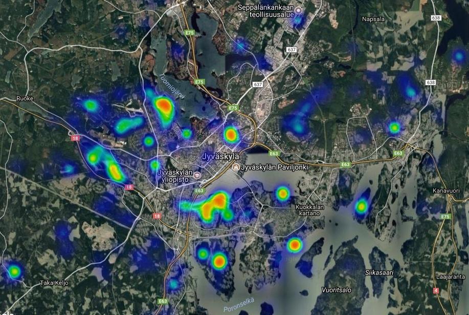 Luontoarvoja sisältävä metsä lämpökartta / yleinen kysely suodatettu monivalintakysymyksien perusteella vastaajat, - joille monimuotoisen lajiston ja