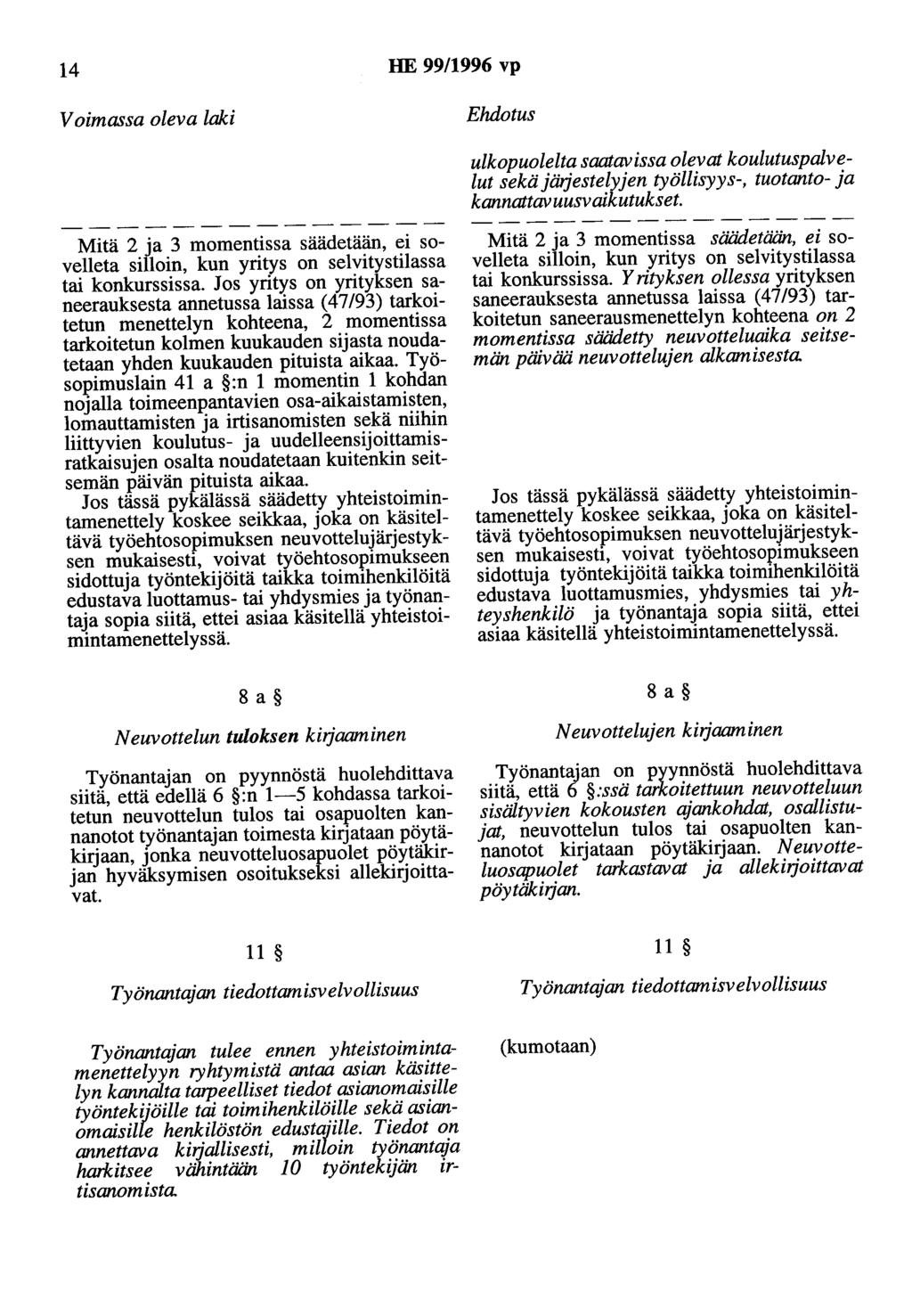 14 HE 99/1996 vp Voimassa oleva laki Ehdotus ulkopuolelta saatavissa olevat koulutuspalvelut sekä järjestelyjen työllisyys-, tuotanto- ja kannattavuusvaikutukset.